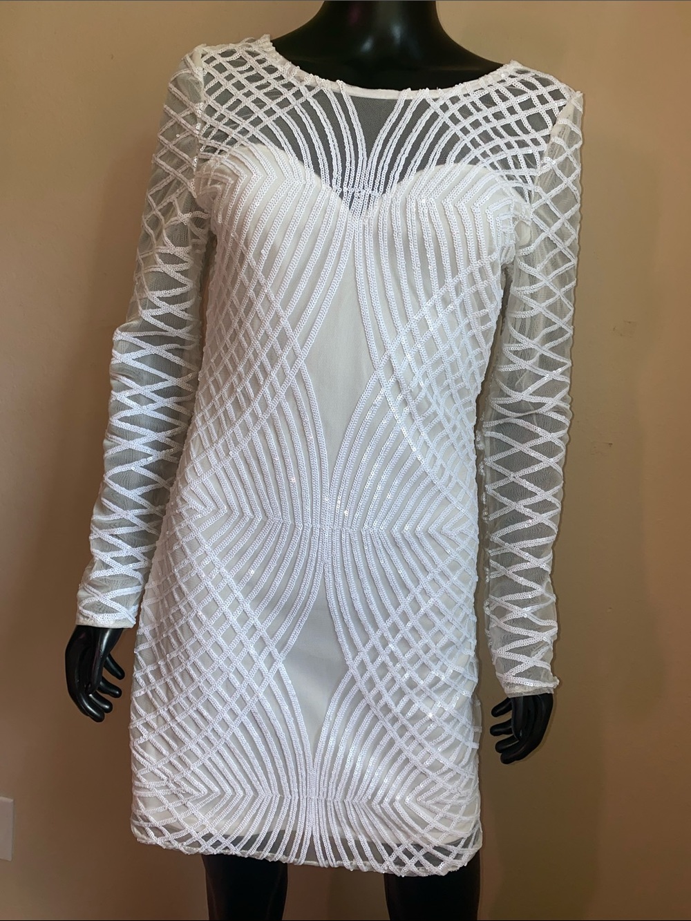 Fashion Nova White Long-Sleeve Embellished Sequin Bodycon Dress NWT